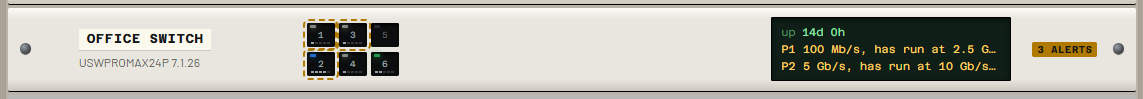 One switch row opened, with amber ports and the speed bars