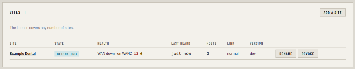 The Sites list: state, health, last heard, hosts, link and version