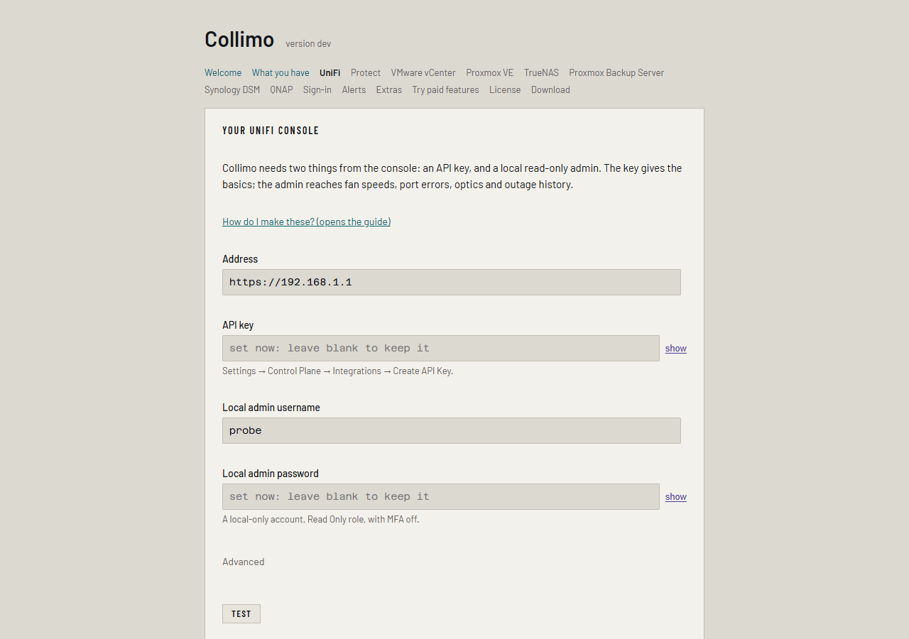 The UniFi page on a re-run: the address and username filled in, the key and password shown as set now
