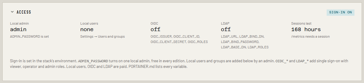 Settings → Access with the local admin on, and OIDC and LDAP off