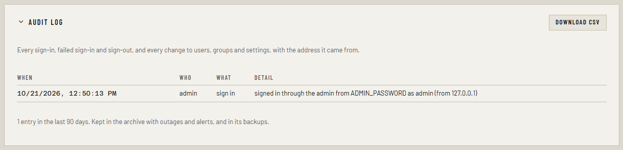 Settings → Audit log with one sign-in entry