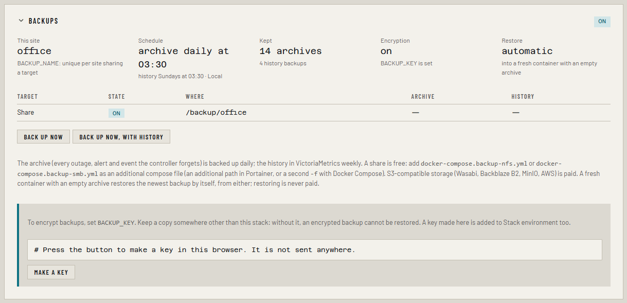 Settings → Backups with a share target on and encryption on