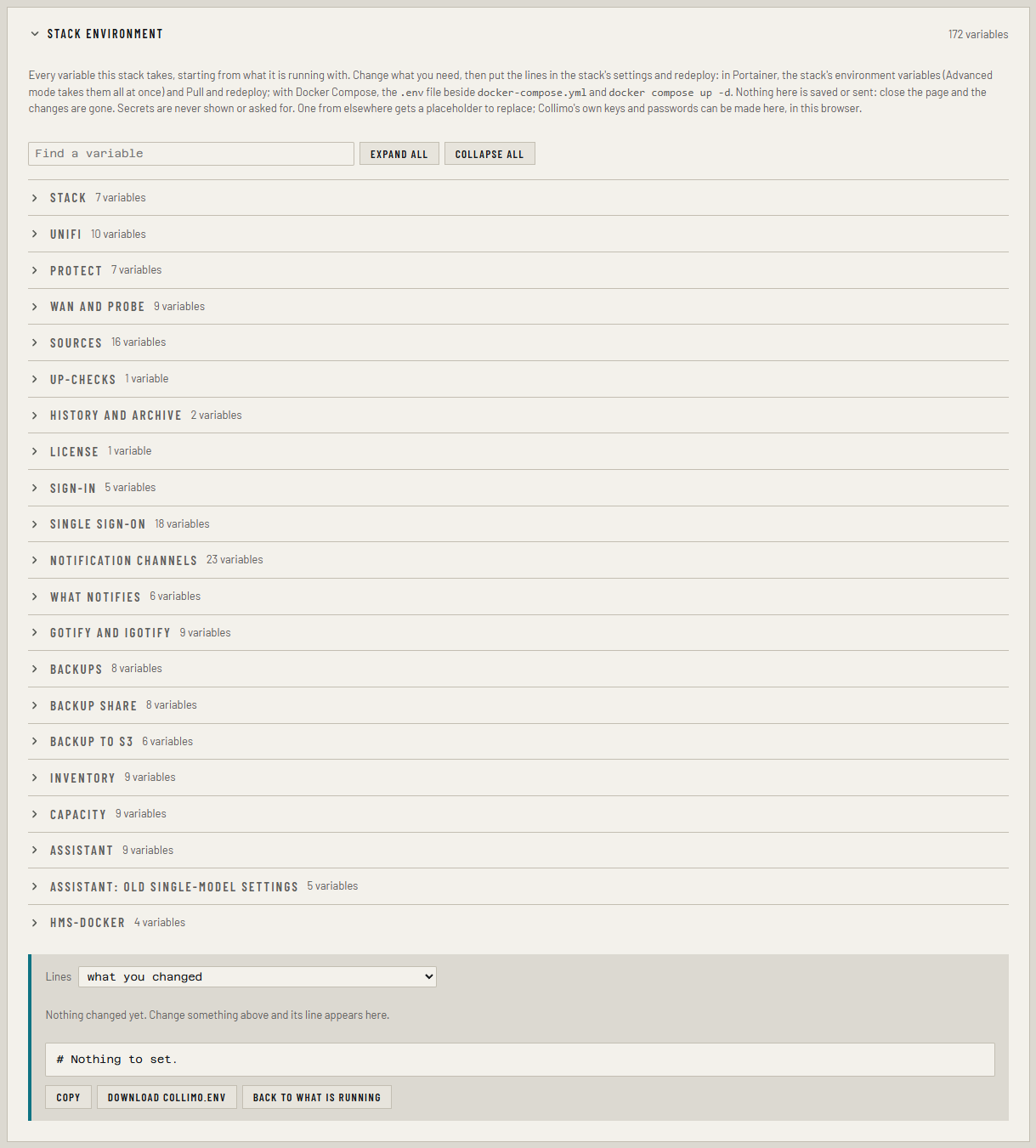 Settings → Stack environment, with its groups folded and the Lines box below