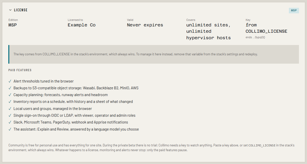 The License panel on Settings