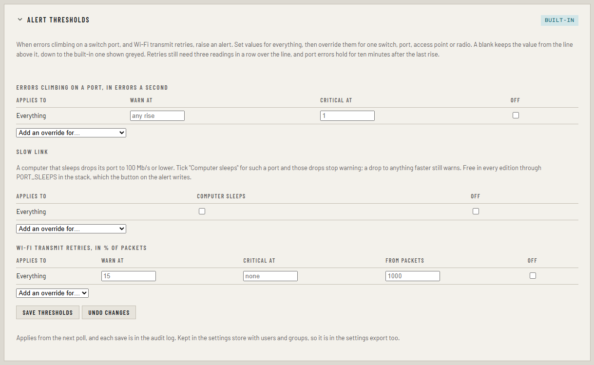 Settings → Alert thresholds, with the Everything line for port errors and the Slow link table