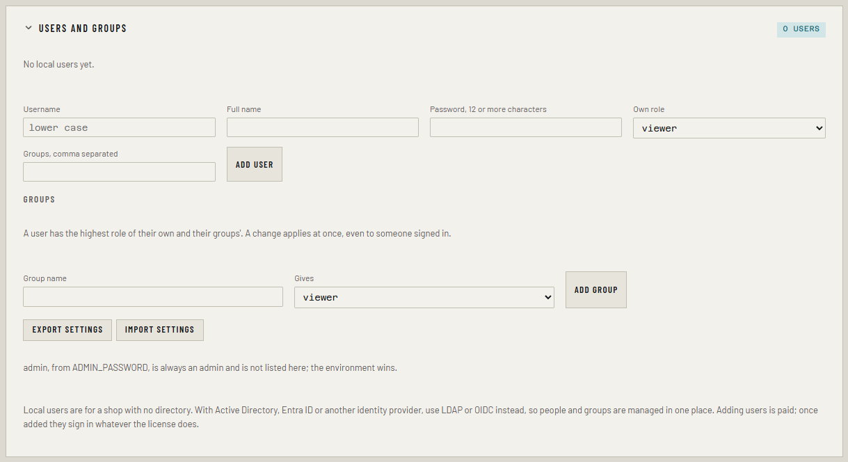 Settings → Users and groups, with the Add user and Add group forms