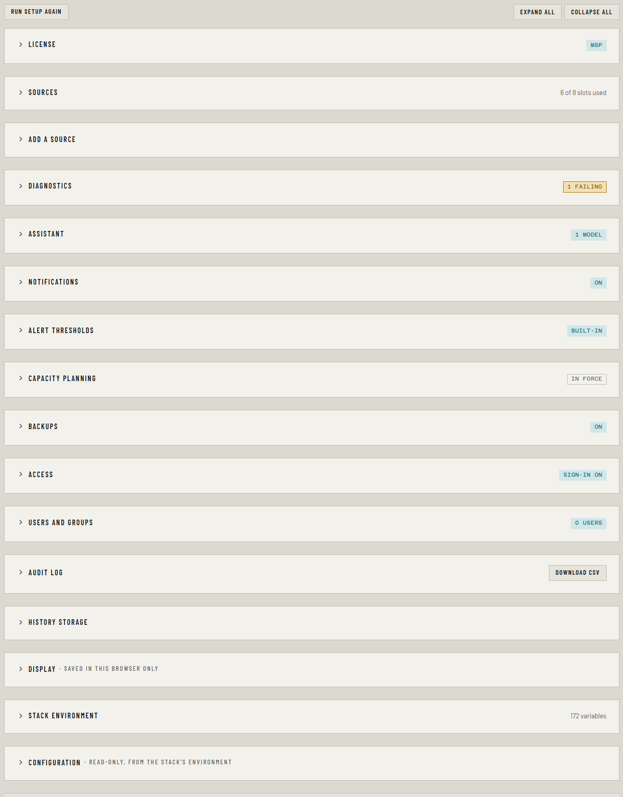 Settings, every panel folded to its heading and status