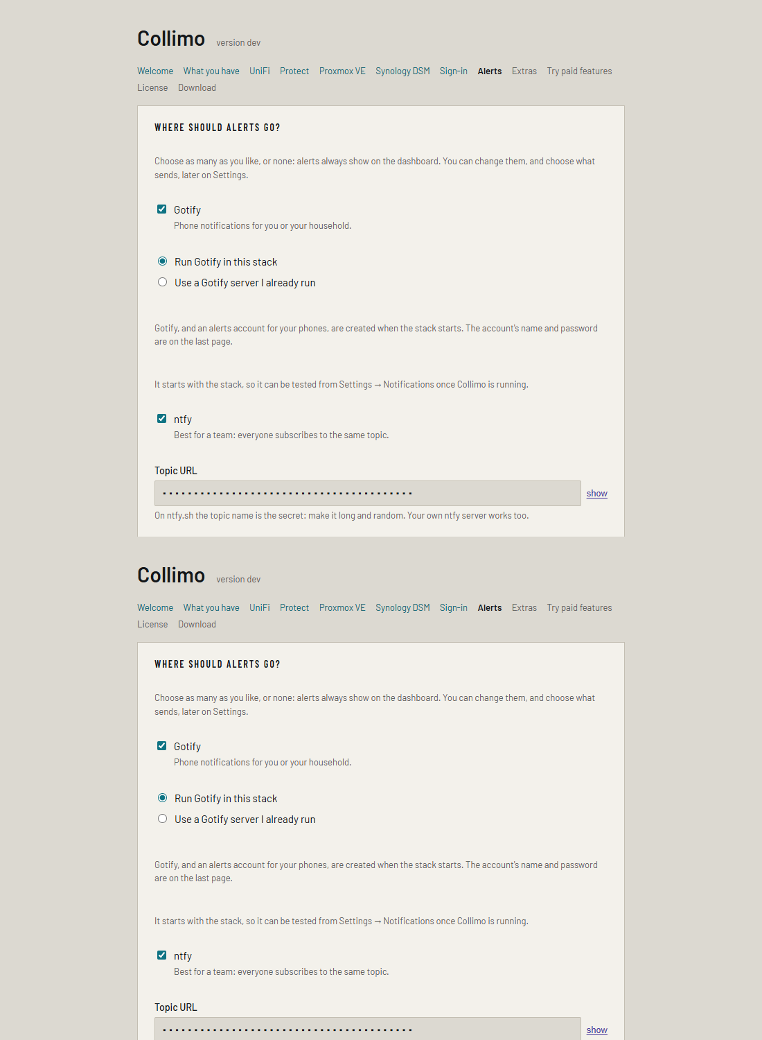 The alerts page with Gotify run in the stack and ntfy, its test sent