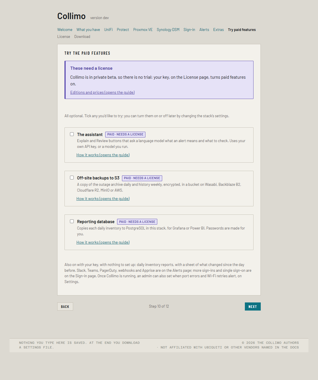 The paid features page: free for 30 days, then a license, with what happens to each one