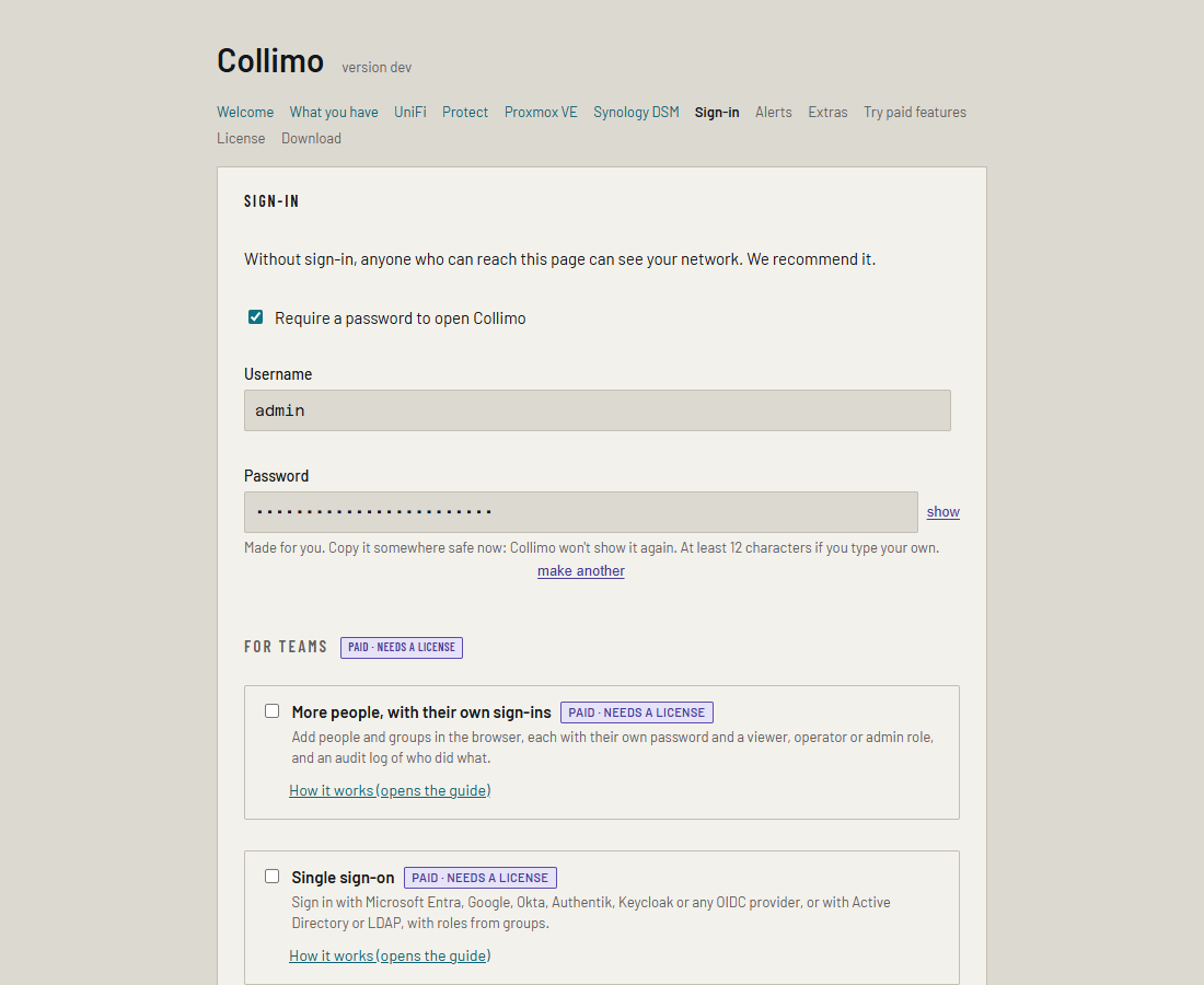 The sign-in page, with the For teams cards for more users and single sign-on