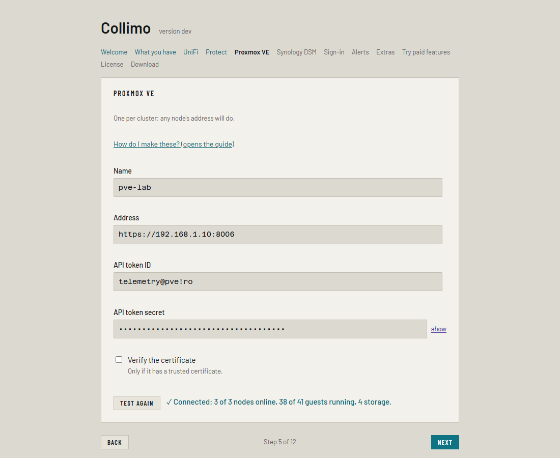The wizard's Proxmox VE page, filled in, with the test passed