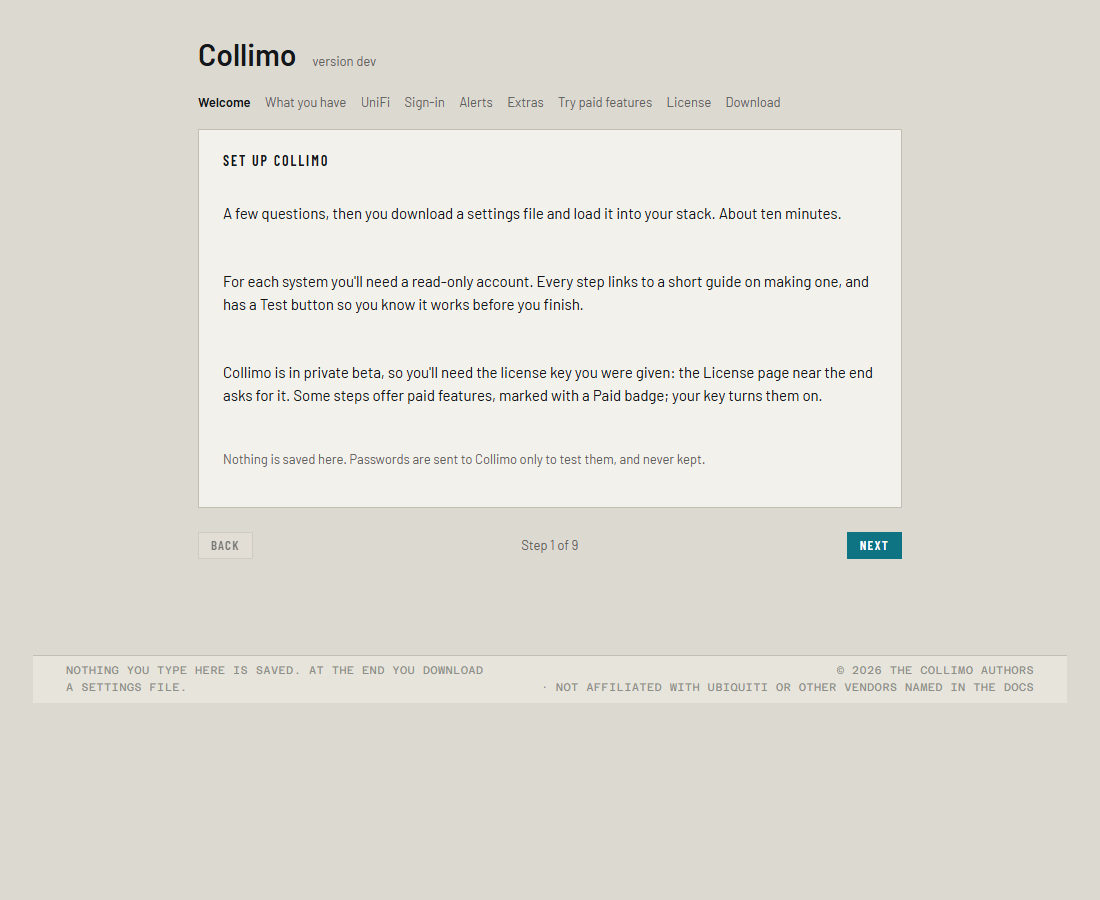 The first page of the setup wizard