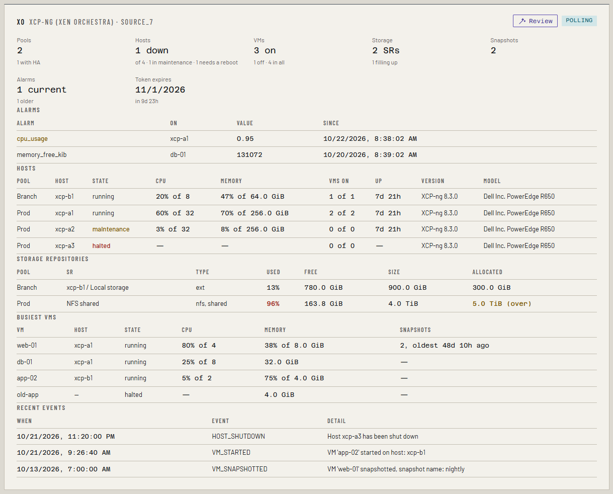 The XCP-ng panel: two pools, a halted host, a full storage repository, one current alarm and one older